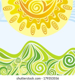 Green mountains and sun nature pattern background landscape vector illustration