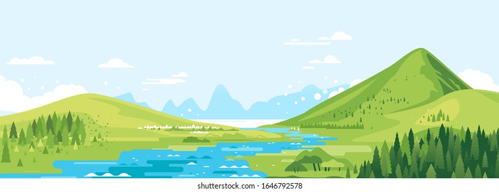 Green mountains in sunny day with river in valley and spruce forest in simple geometric form, nature tourism landscape background, travel mountains adventure illustration