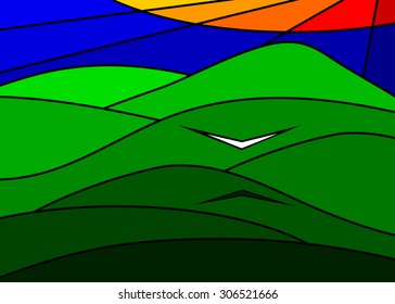 The Green Mountains, white bird and blue sky, modern style