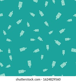 Green Mouthwash plastic bottle icon isolated seamless pattern on green background. Liquid for rinsing mouth. Oralcare equipment.  Vector Illustration