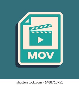 Green MOV file document. Download mov button icon isolated on blue background. MOV file symbol. Audio and video collection. Long shadow style. Vector Illustration