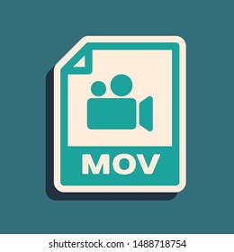 Green MOV file document. Download mov button icon isolated on blue background. MOV file symbol. Audio and video collection. Long shadow style. Vector Illustration