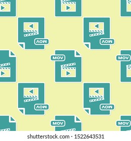 Green MOV file document. Download mov button icon isolated seamless pattern on yellow background. MOV file symbol. Audio and video collection.  Vector Illustration
