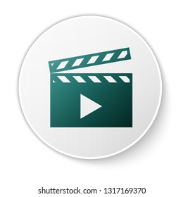 Green Movie clapper icon isolated on white background. Film clapper board icon. Clapperboard sign. Cinema production or media industry concept. Green circle button. Vector Illustration