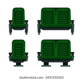 Green movie theater seats for comfortable watching film. Cinema chair. Vector illustration