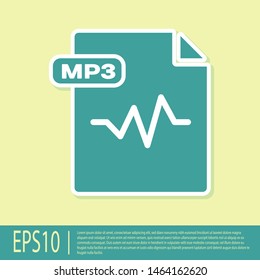 Green MP3 file document. Download mp3 button icon isolated on yellow background. Mp3 music format sign. MP3 file symbol.  Vector Illustration