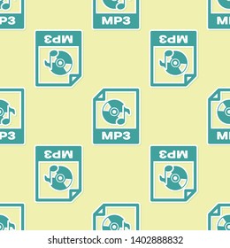 Green MP3 file document icon. Download mp3 button icon isolated seamless pattern on yellow background. Mp3 music format sign. MP3 file symbol. Vector Illustration