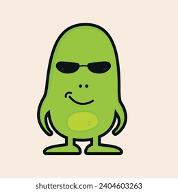 Green Mr Monster with small sunglasses, mischievous smile and big belly vector line art