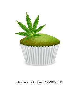 Green muffin, cake, cupcake with cannabis leaf, on white background.
