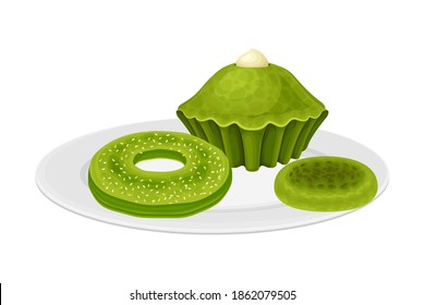 Green Muffin and Cookie Rested on Plate as Matcha Dessert Vector Illustration