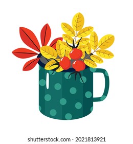 A green mug with a bouquet of autumn leaves and rosehip. Vector illustration, white background.