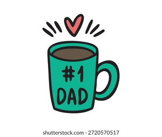 Grüner Becher Dad Nummer 1 mit Herz, handgezeichnetes Doodle. Vektorgrafik.