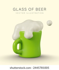 Green mug with foamy beer. Chilled cider. Vertical poster in fun style