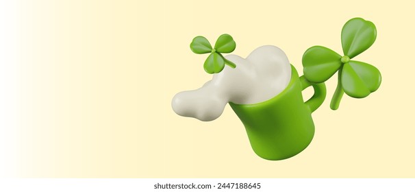 Green mug with foamy drink, clover leaves. Realistic subject in motion