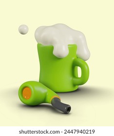 Green mug with foamy drink, pipe with heat. Vector holiday concept