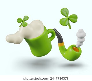 Green mug with frothy drink, smoking pipe, clover shamrocks