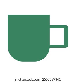 Green mug icon, minimalist design, flat graphic, simple shape, solid color, vector illustration, coffee cup silhouette, geometric form, clean lines, rounded bottom, square handle, forest green.