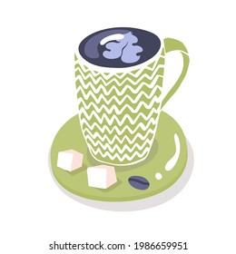 Green mug with tea on a saucer with sugar and coffee beans. Isolated on white background. Vector illustration. Food, Drinks, tasty, delicious. Tea time, coffee, home, dish, sweet, break, cup.