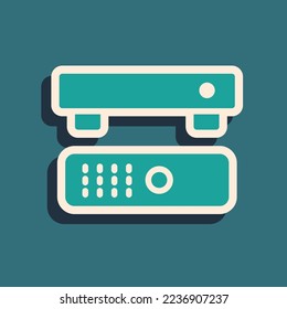 Green Multimedia and TV box receiver and player with remote controller icon isolated on green background. Long shadow style. Vector