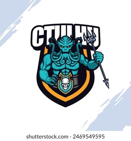 Green Muscular Ocean Monster holding a Trident Mascot