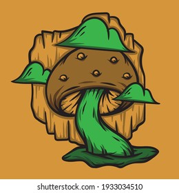 Green mushroom with clouds hand drawn vector illustration suitable for stickers, t shirt, totebags, hat, and poster design