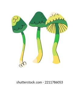 Green Mushroom Toadstool Vector Isolated On White Background. Autumn Fungi Cartoon Flat Illustration