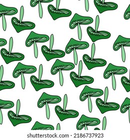 Green mushrooms seamless pattern, broad stem mushrooms on white background vector illustration
