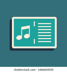 Green Music book with note icon isolated on blue background. Music sheet with note stave. Notebook for musical notes. Long shadow style. Vector Illustration