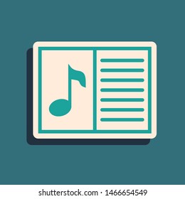 Green Music book with note icon isolated on blue background. Music sheet with note stave. Notebook for musical notes. Long shadow style. Vector Illustration