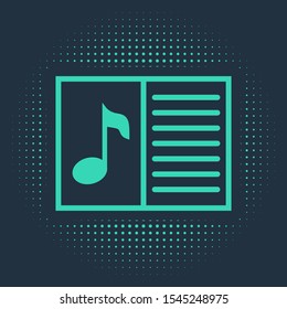 Green Music book with note icon isolated on blue background. Music sheet with note stave. Notebook for musical notes. Abstract circle random dots. Vector Illustration