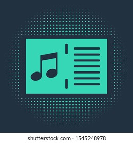 Green Music book with note icon isolated on blue background. Music sheet with note stave. Notebook for musical notes. Abstract circle random dots. Vector Illustration