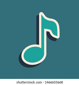 Green Music note, tone icon isolated on blue background. Long shadow style. Vector Illustration