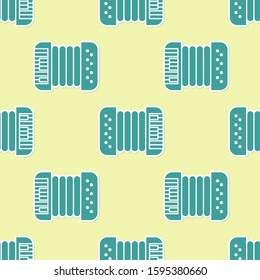 Green Musical instrument accordion icon isolated seamless pattern on yellow background. Classical bayan, harmonic.  Vector Illustration