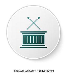 Green Musical instrument drum and drum sticks icon isolated on white background. White circle button. Vector Illustration
