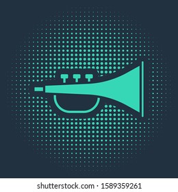 Green Musical instrument trumpet icon isolated on blue background. Abstract circle random dots. Vector Illustration