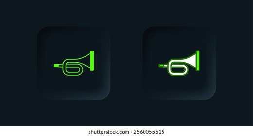 Green Musical instrument trumpet icon isolated on black background. Black square button. Vector