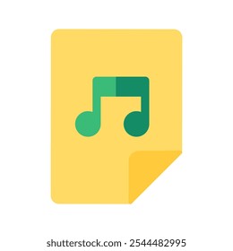 Green musical melody sign on yellow rectangular sticker with curled corner icon. Bookmark of favorite audio track in internet media player element. Simple flat vector isolated on white background