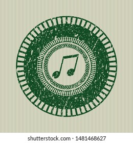 Green musical note icon inside rubber grunge texture seal