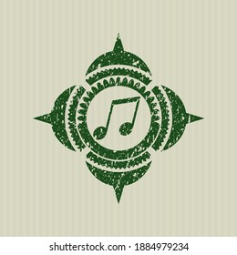 Green musical note icon inside distress grunge style stamp. 