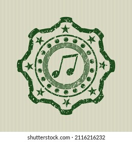 Green musical note icon inside rubber seal. 
