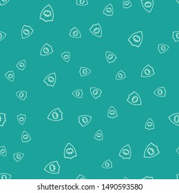 Green Mustache and beard on shield icon isolated seamless pattern on green background. Barbershop symbol. Facial hair style.  Vector Illustration