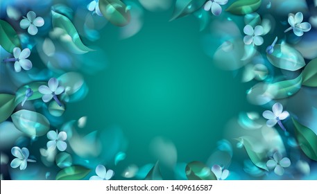 Green mystery forest background with magic blue blurred flower petals and leaves vector illustration