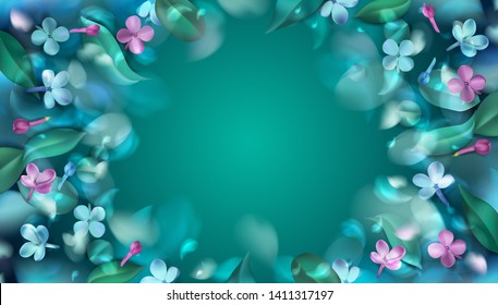 Green mystery forest background with magic purple blurred flower petals and leaves vector illustration