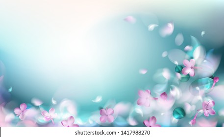 Green mystery spring background with magic purple blurred flower petals and leaves vector illustration