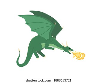 Green mythical dragon blowing fire vector flat illustration. Medieval dangerous creature with wings and horns isolated on white. Angry powerful fantasy monster. Scary flying beast.