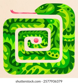 Green mythical snake. Bright ethnic illustration with fern pattern. Biblical serpent with an apple.