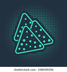 Green Nachos icon isolated on blue background. Tortilla chips or nachos tortillas. Traditional mexican fast food. Abstract circle random dots. Vector Illustration