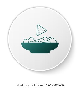 Green Nachos in plate icon isolated on white background. Tortilla chips or nachos tortillas. Traditional mexican fast food. White circle button. Vector Illustration