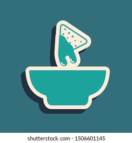 Green Nachos in plate icon isolated on blue background. Tortilla chips or nachos tortillas. Traditional mexican fast food. Long shadow style. Vector Illustration