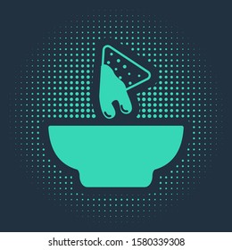 Green Nachos in plate icon isolated on blue background. Tortilla chips or nachos tortillas. Traditional mexican fast food. Abstract circle random dots. Vector Illustration